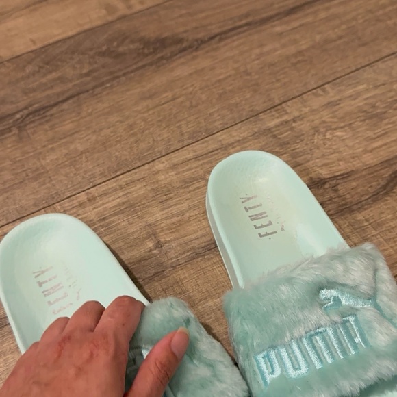 Puma x Fenty collaboration Mint Green Fur Slides - Picture 13 of 13